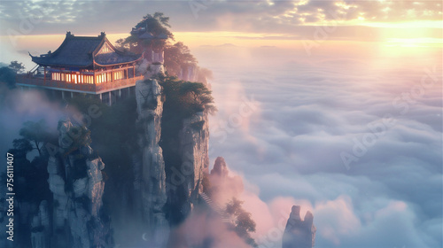 Traditional Asian house in the edge of rock cliff with sea of clouds in the foggy morning