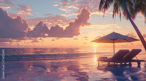 Amazing sunset beach. Romantic couple chairs umbrella sun rays