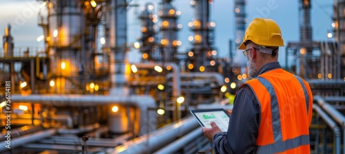 Senior technician operating tablet overseeing gas refinery at twilight among industrial structures