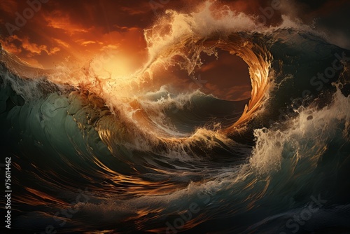 Majestic wave crashes during sunset, painting the sky with vibrant hues