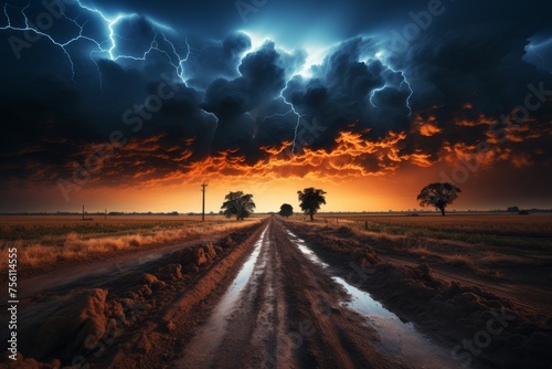 Lightning storm above a dirt road in the natural landscape