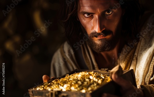 Portrait of Jesus holding the money. Christian illustration.