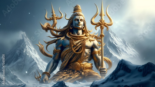 a close up of a golden trident on a snowy mountain, god shiva the destroyer