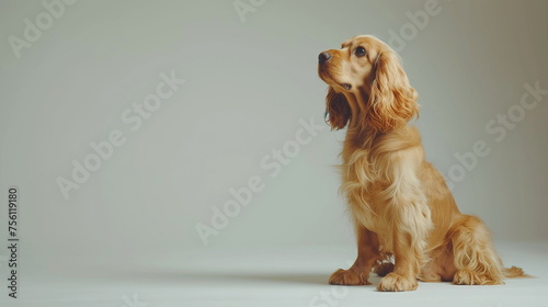 Side full body photo of a brown English Cocker Spaniel sitting in a studio with a gray background and looking up. Pet advertising concept. Copy space. Generating AI
