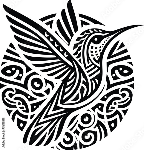 hummingbird, animal silhouette in ethnic tribal tattoo,