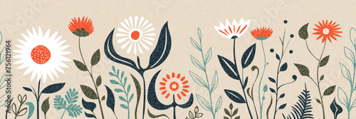 Hand drawn grass and flowers, spring meadow, seamless border, vector illustration