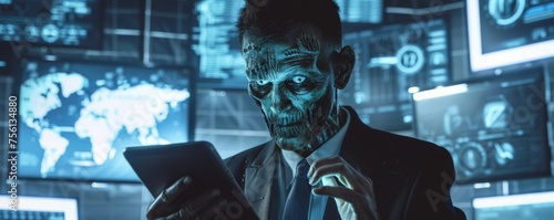 Zombie in business attire brainstorming with digital tablet surrounded by high-tech gadgets and digital data screens futuristic setting