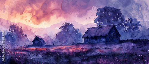 A watercolor Stone Age settlement at dusk