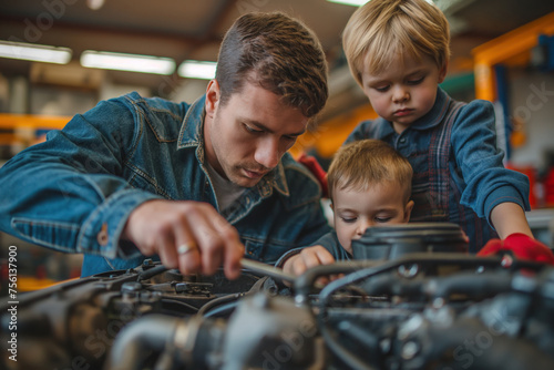 a father and son repairing a car engine in the garage