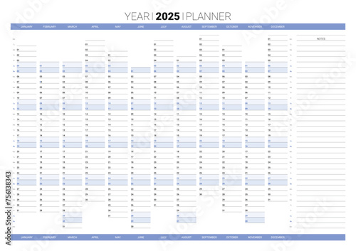 Blank blue annual planner, 2025 year wall calendar for daily agenda. Schedule page journal, stationery calendar, organizer, planner template with twelve months minimalist style vector illustration