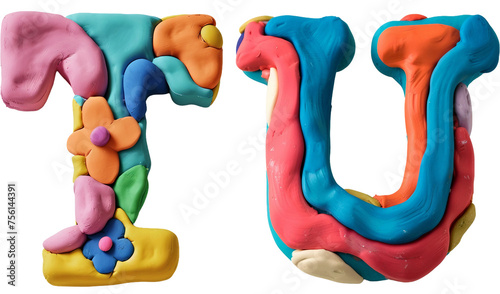 3D clay alphabet T,U isolated on white