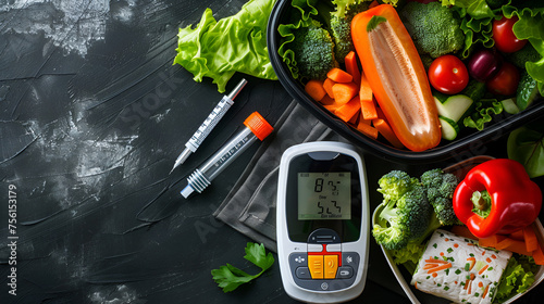 Digital glucometer lancet pen and lunch box and vegetables, copy space, generative ai