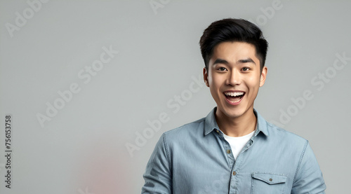 Excited young Asian man in casual shirt showing smartphone with blank screen isolated on white background