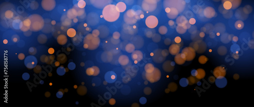 Blurred gold bokeh on blue background. Golden blur effect wallpaper. Abstract shiny glitter, sparks and sparkles. Glowing backdrop for Christmas, New Year or birthday card, poster, banner. Vector