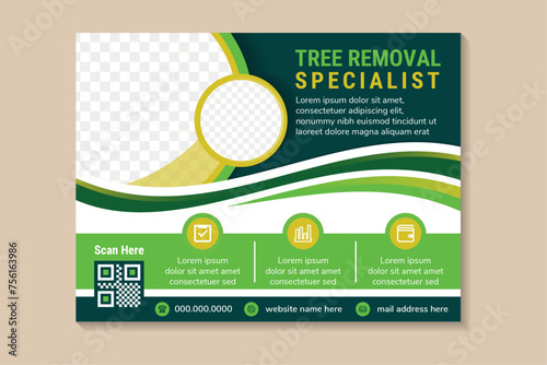 tree removal specialist banner design. Agricultural and farming services web social media post lawn gardening template design. horizontal layout with space for photo. green and yellow element.