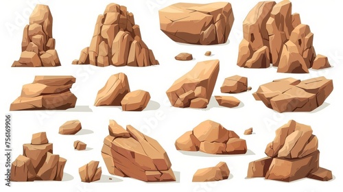 Detailed illustration of a set of rocky stones isolated on white background. Illustration of unbroken sandstone boulders in the wild west.