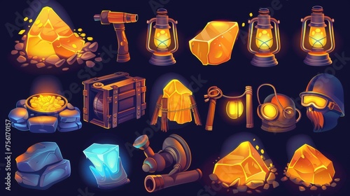 Gold mine UI icons. Cartoon modern illustration set of treasure hunting assets with glowing nuggets of gold, a drill machine, a helmet with a lantern, and a dynamite with a candle.