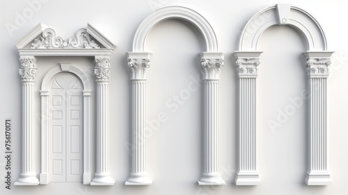 Archway made from white clay with decorative ornate decoration. Three dimensional illustration set depicting a greek stone pillar used as part of a temple building door or window decoration.