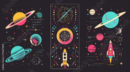 Set of retro futuristic techno posters printed on black background with wireframe space satellite, radar, planet globe, and moon icons.