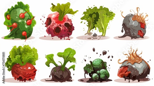 Rotten danger vegetables. Cartoon modern illustration set of dirty spoiled foods for composting or recycling. Moldy, damaged, unhealthy meals.