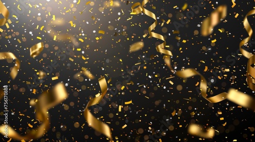 3D glitter stars, torus, serpentine ribbons, cubes, curls, isolated on transparent background, holiday firecracker explosion effect with golden confetti flying in the air.