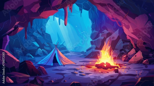 Virus cartoon illustration of fire in underground cave, smoke filling narrow mountain tunnel, tourist accommodation equipment on ground, adventure game.