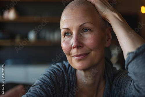 A woman suffering from cancer looks into the distance and dreams of recovery. Happy sick female patient fighting cancer thinking about remission. Healthcare concept.