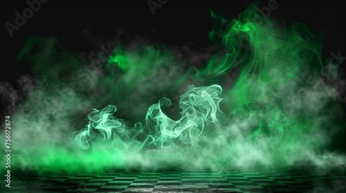 An overlay effect creates the illusion of a green toxic smoke cloud on a transparent background. This modern image shows a realistic haze of atmospheric steam or condensation.
