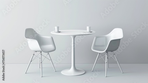 An isolated 3D chair and table isolated on white background. Modern realistic illustration of plastic and metal furniture for a trade fair booth, a conference room, a restaurant interior, or a