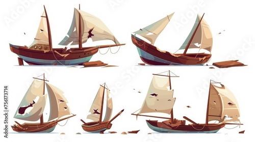 Shipwreck or corvette wrecked with damaged wood deck and sails. Cartoon modern set of destruction process of vintage corsair.