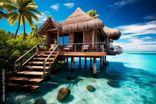 Overwater hut bungalow with steps into turquoise ocean lagoon