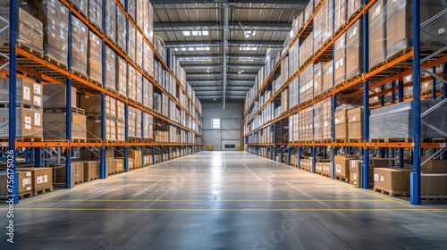 A vast warehouse symbolizes efficient logistics in action, a hub of organized storage and distribution, Ai Generated.