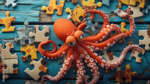 squid engrossed in a jigsaw puzzle challenge, Ai Generated.
