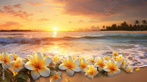 A golden sunset bathes ocean waves and foam, adorned with tropical frangipani flowers on a sandy beach, Ai Generated.