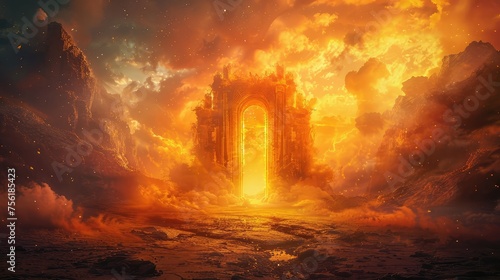 Golden Gates of Eternity, Depict the majestic gates of heaven bathed in golden light, welcoming souls into the eternal realm beyond