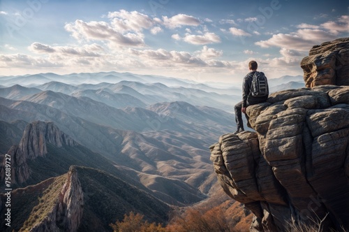 Man standing on the edge of a cliff and looking at the valley