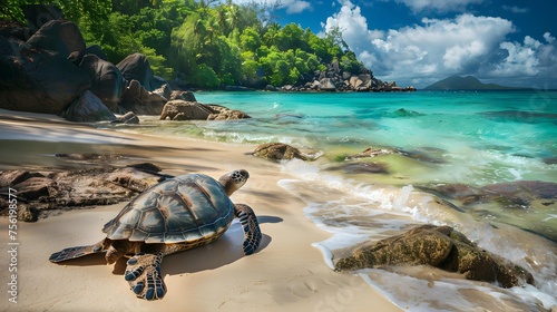 A turtle from the Seychelles is located on the shore of the turquoise ocean