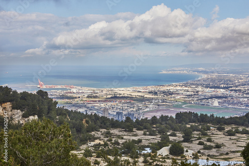 Breathtaking panoramic view of haifa from mount carmel, including sea port and residential areas