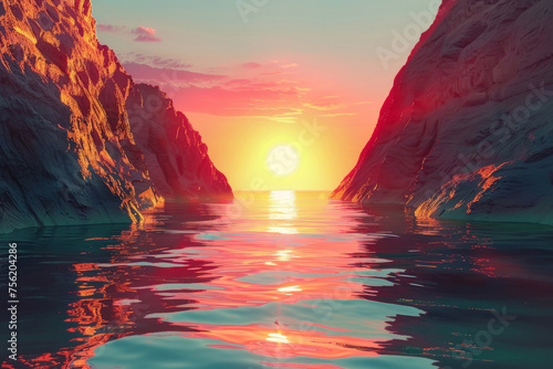 Breathtaking sunset between cliffs over calm sea waters, painting the sky and ocean in vibrant shades of orange and pink