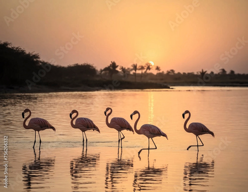 flamingos in the water, with the sun setting at sunset