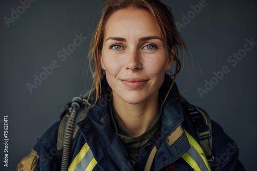 A woman in a fireman's uniform is smiling