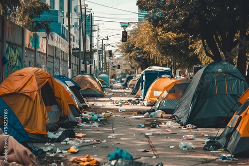 A city with tents and garbage. There are poor homeless people