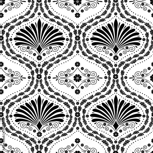Seamless pattern with black anthemion floral shapes and ogee geometrical motifs on a white background. Monochrome classic abstract repeat wallpaper.