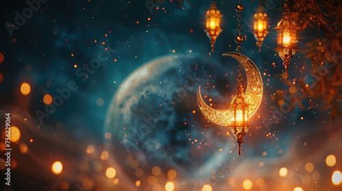 Eid ul fitr, Ramadan Kareem,Eid al Adha, Eid Mubarak.Muslim symbolism with islamic lantern and crescent.Holiday card