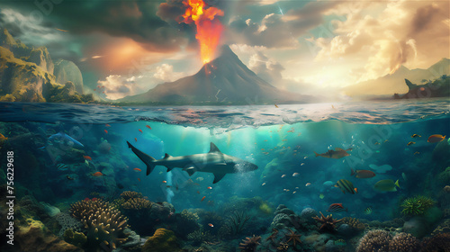 shark and various fishes in under water sea reef with volcano mountain eruption background above it at sunset