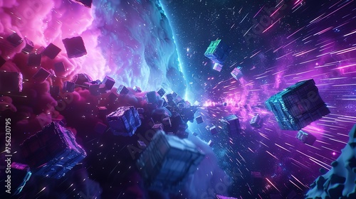 Virtual Reality space world in a block, cube effect. Video Game retro asteroid field. purple, pink and blue lights racing along a digital landscape. 3D render 