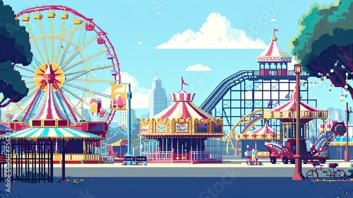 Pixel amusement park. Style, carousel, roller coaster, Ferris wheel, sugar, slot machines, fountain, popcorn. Generated by AI