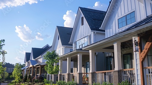 A close-up view of a craftsman-inspired townhome community, highlighting its cohesive design elements, like pitched roofs, covered porches, and sleek metal accents.