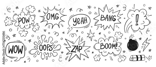 Hand drawn set of comics bombs and explosions in doodle style. Speech bubbles with words pow, wow, bang and boom. Vector illustration