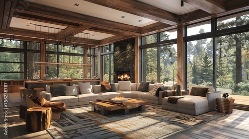 A modern craftsman residence nestled in nature, blending harmoniously with its surroundings through its earthy color palette, organic textures, and expansive windows to bring the outdoors in.